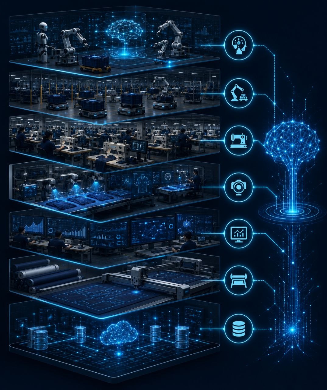 Full vertical framework illustration of the garment factory automation stack.