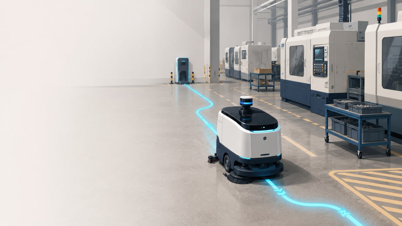 Cleaning robots in factories example showing an autonomous cleaning robot following a blue route through a factory aisle with machines, carts, and safety markings.