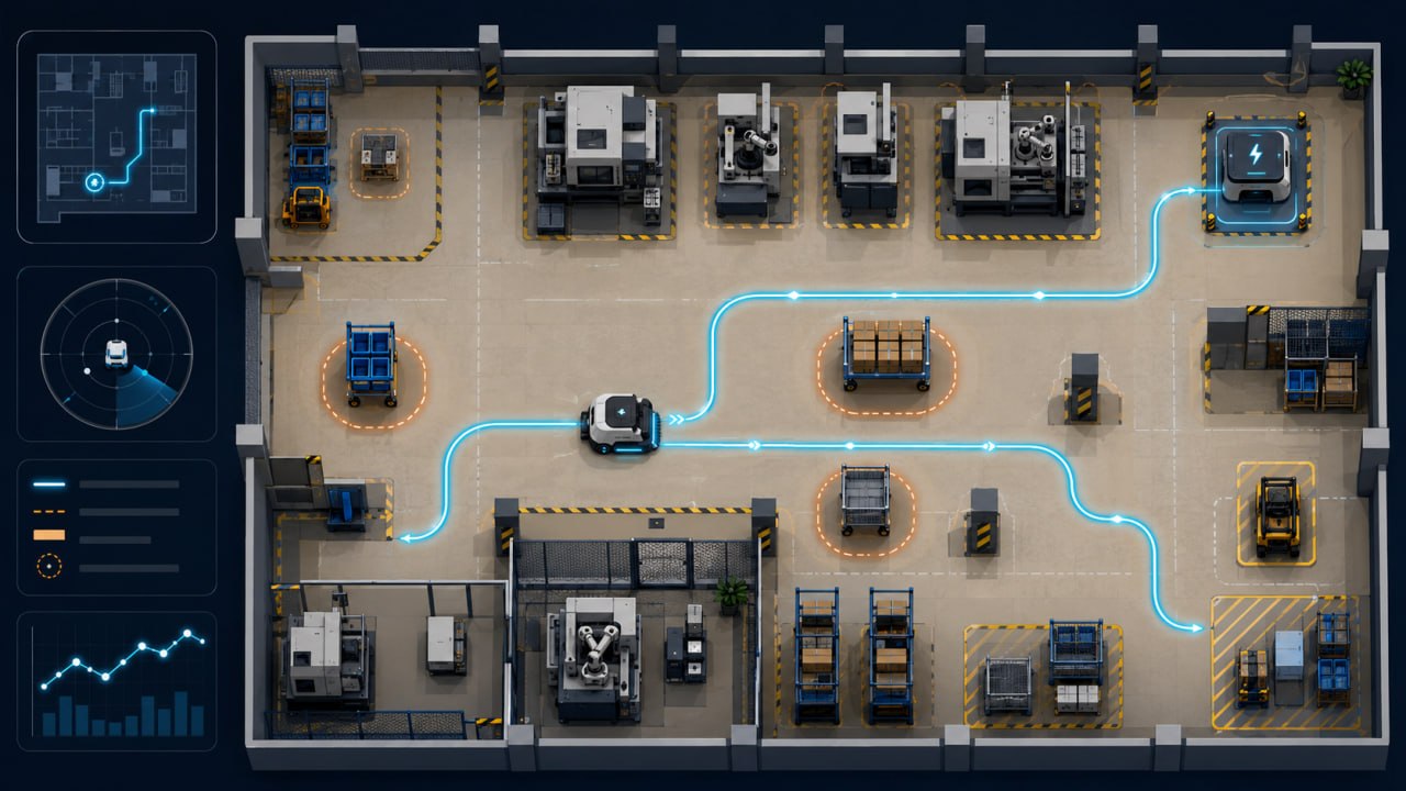 Cleaning robots in factories route map showing an autonomous cleaning robot path, charging station, safety zones, and monitoring dashboard.