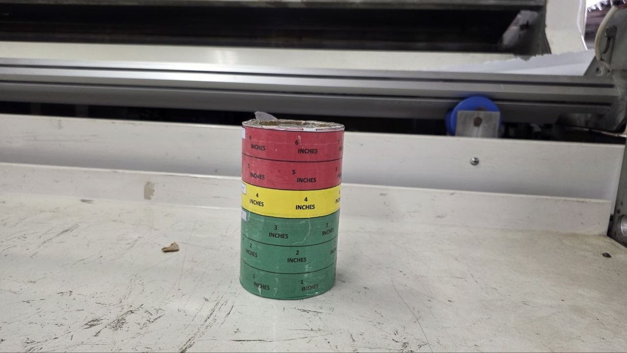 Close-up of color-coded inch height gauge on garment cutting table