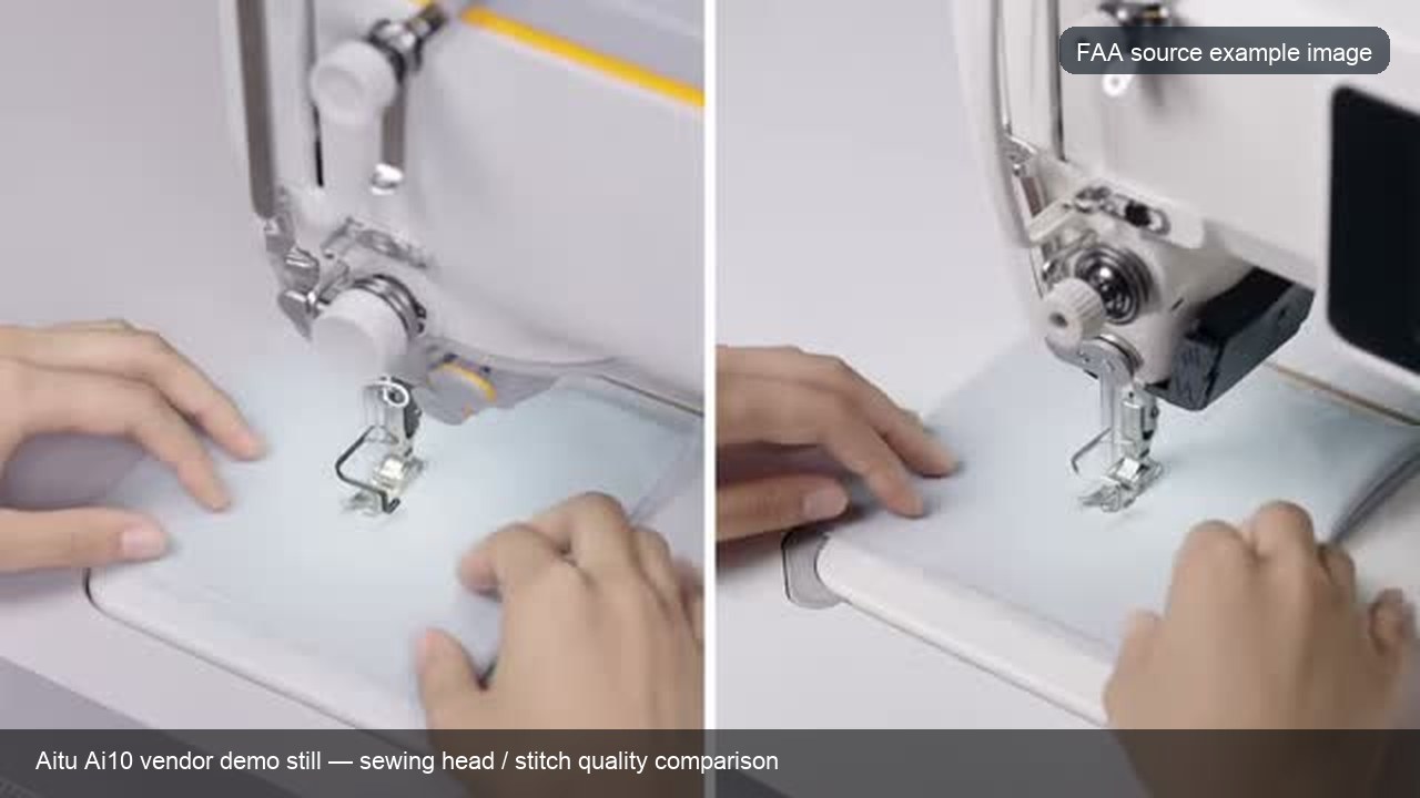 Aitu Ai10 vendor demo still showing sewing head comparison for stitch quality in an AI lockstitch machine pilot