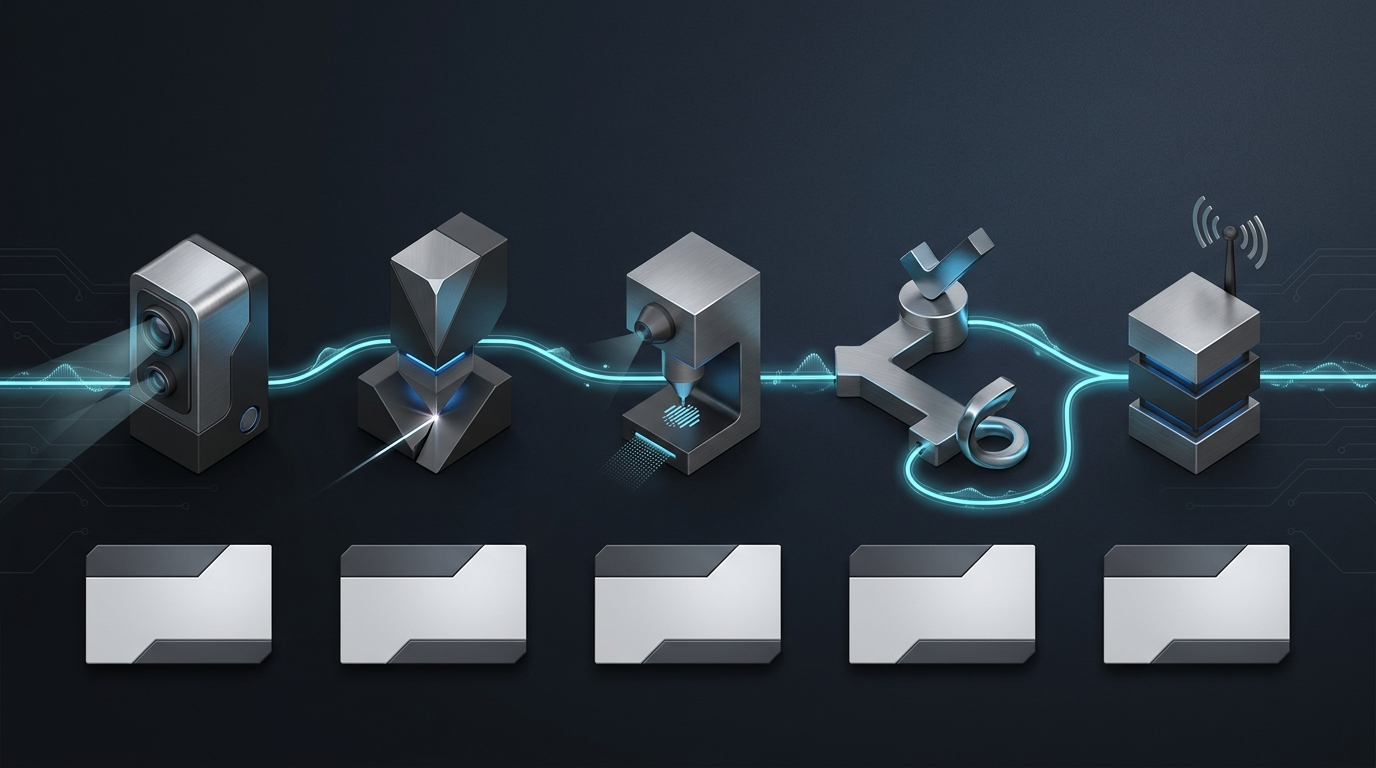 Five factory process modules connected as a production evidence route