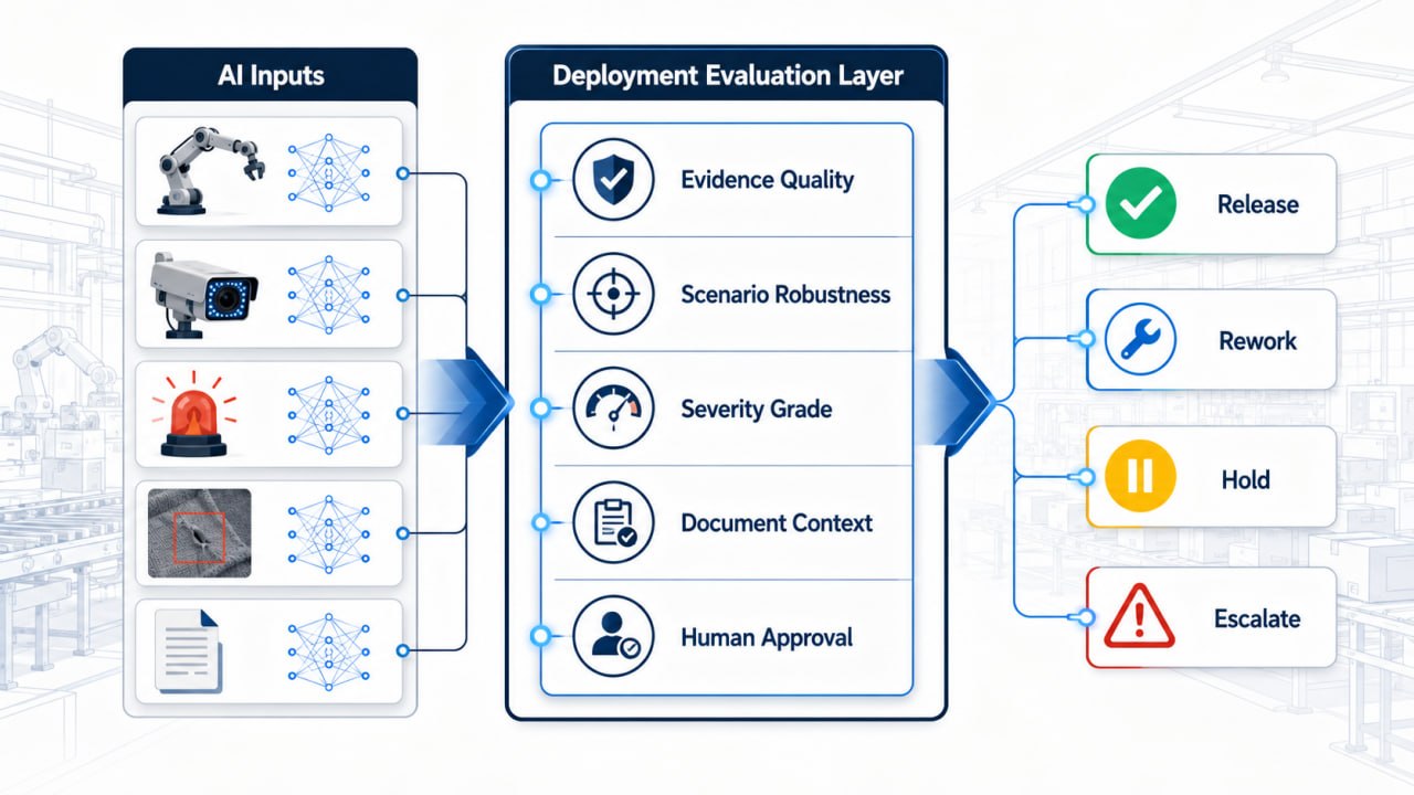 Factory AI deployment evaluation layer infographic showing AI inputs passing through evidence quality, scenario robustness, severity grading, document context, and human approval before factory action