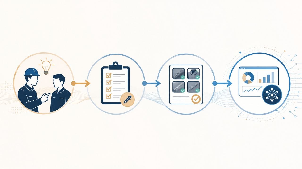 Infographic showing factory samples, checklists, quality evidence, skill records, and exception logs becoming AI-ready decision support.