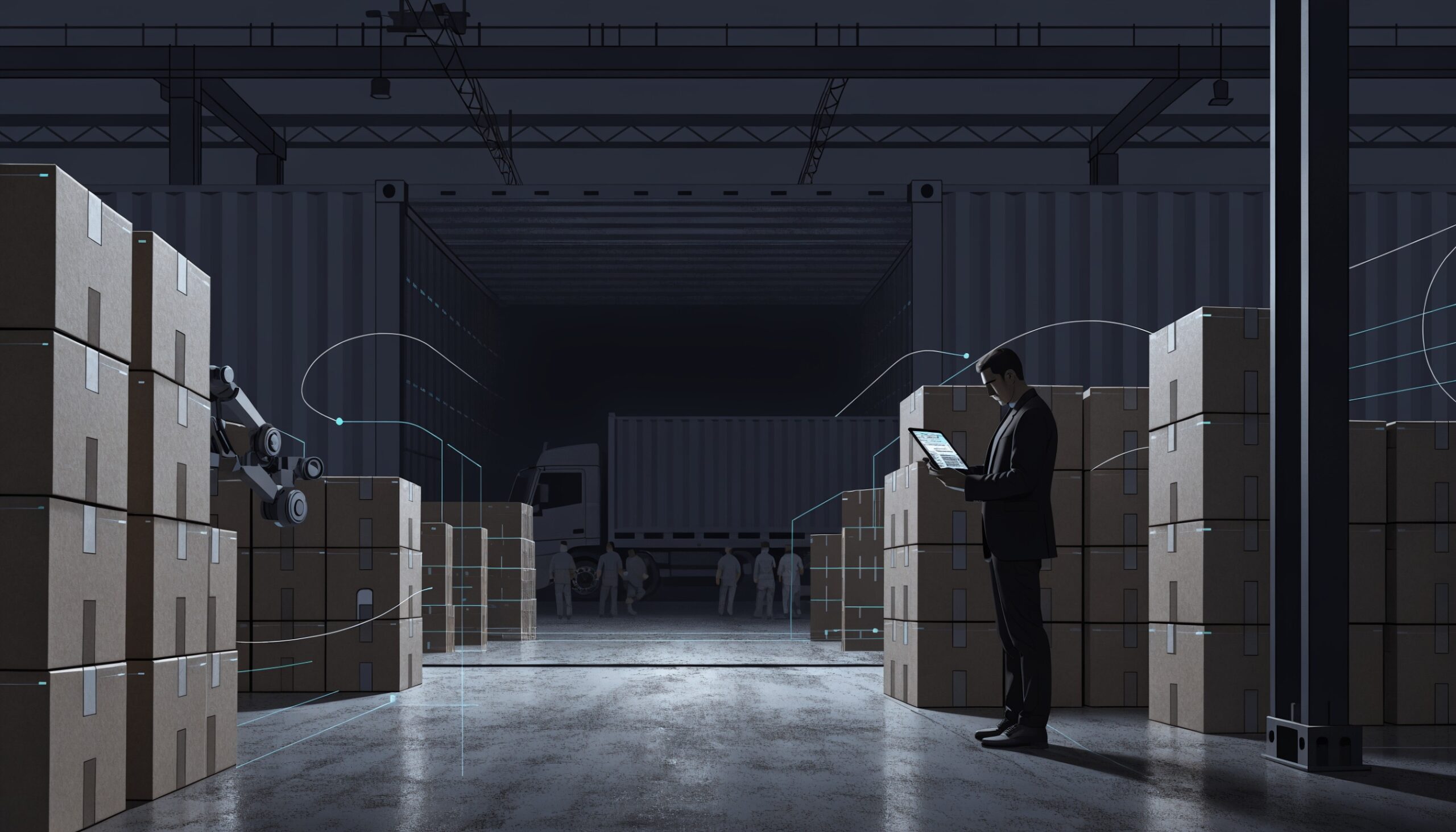 Editorial illustration of container loading, carton flow, and factory visibility before robotics decisions