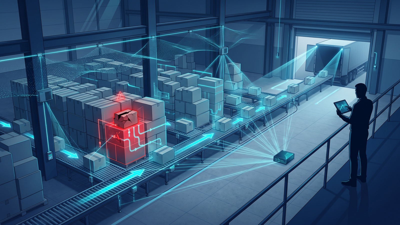 Higgsfield conceptual illustration of carton-flow sensing and exception detection for Physical AI