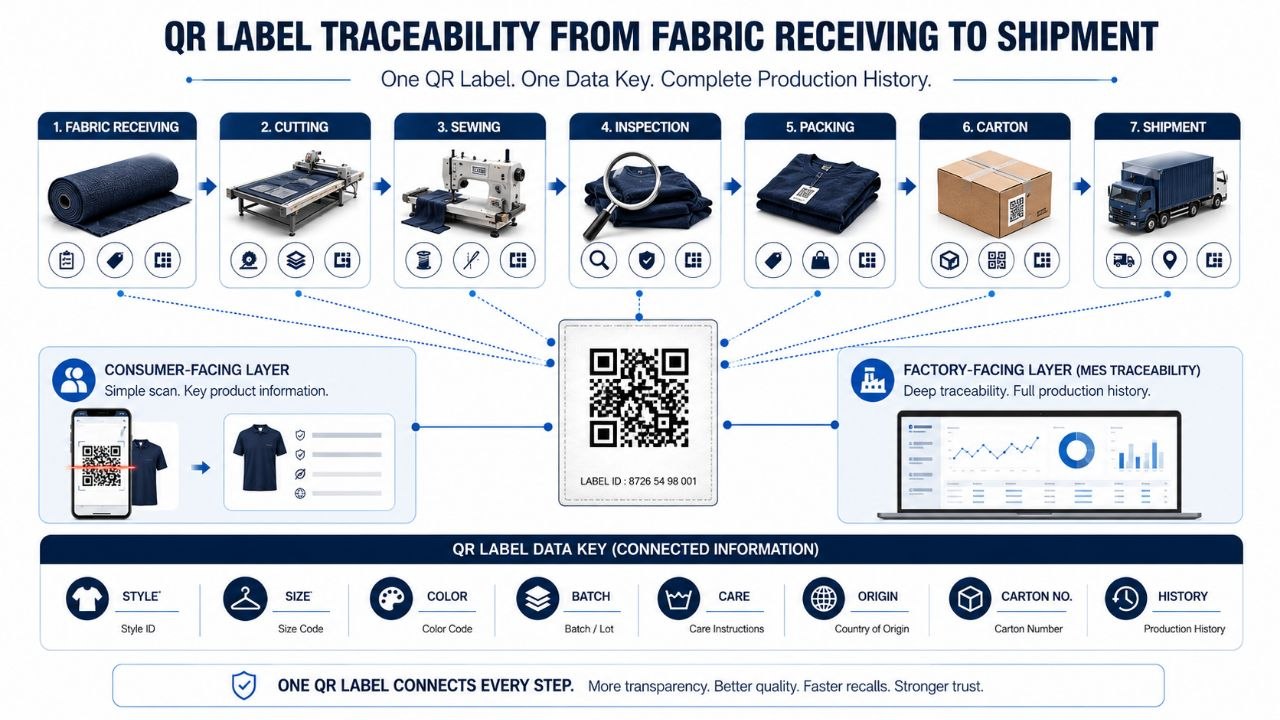 Garment label traceability infographic showing QR label flow from fabric receiving to shipment