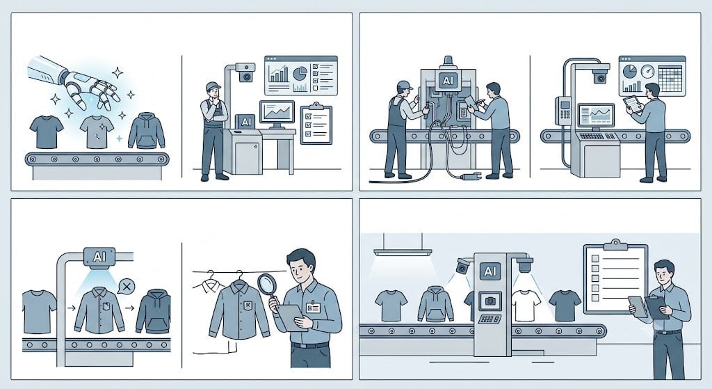Illustration of apparel garments moving through an AI-assisted inspection and quality evidence workflow with human QC review.