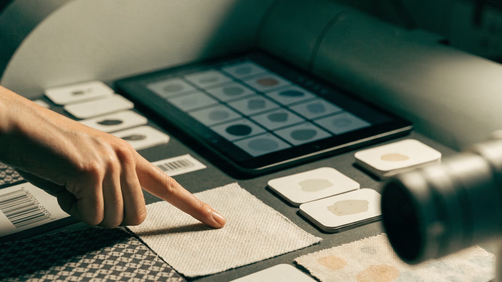 Garment quality inspection table with fabric samples, defect cards, barcode evidence, and a tablet used for QC review